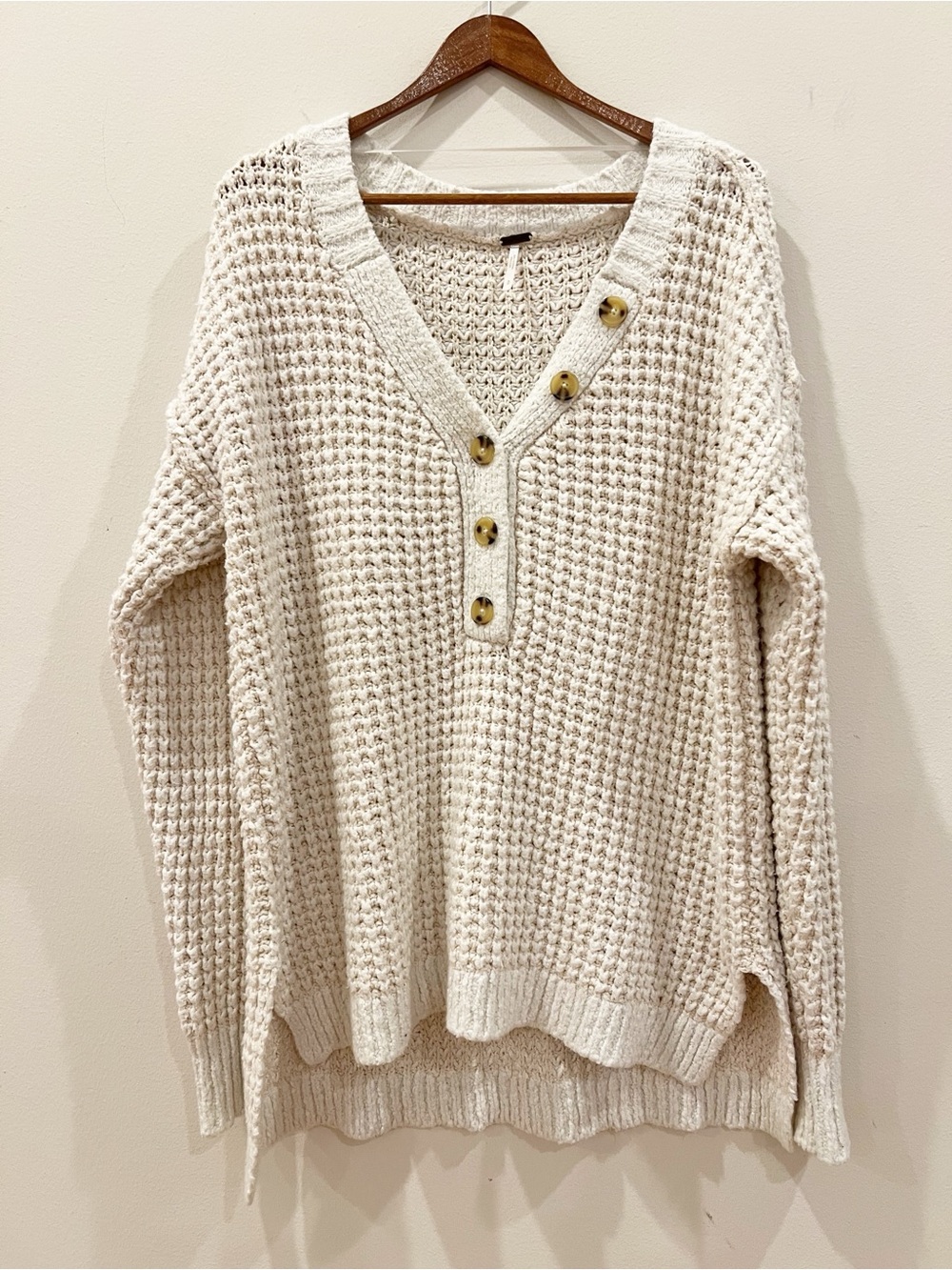 Free People Sweater Small Whistle Thermal Henley White Cloud Slouchy Chunky Knit